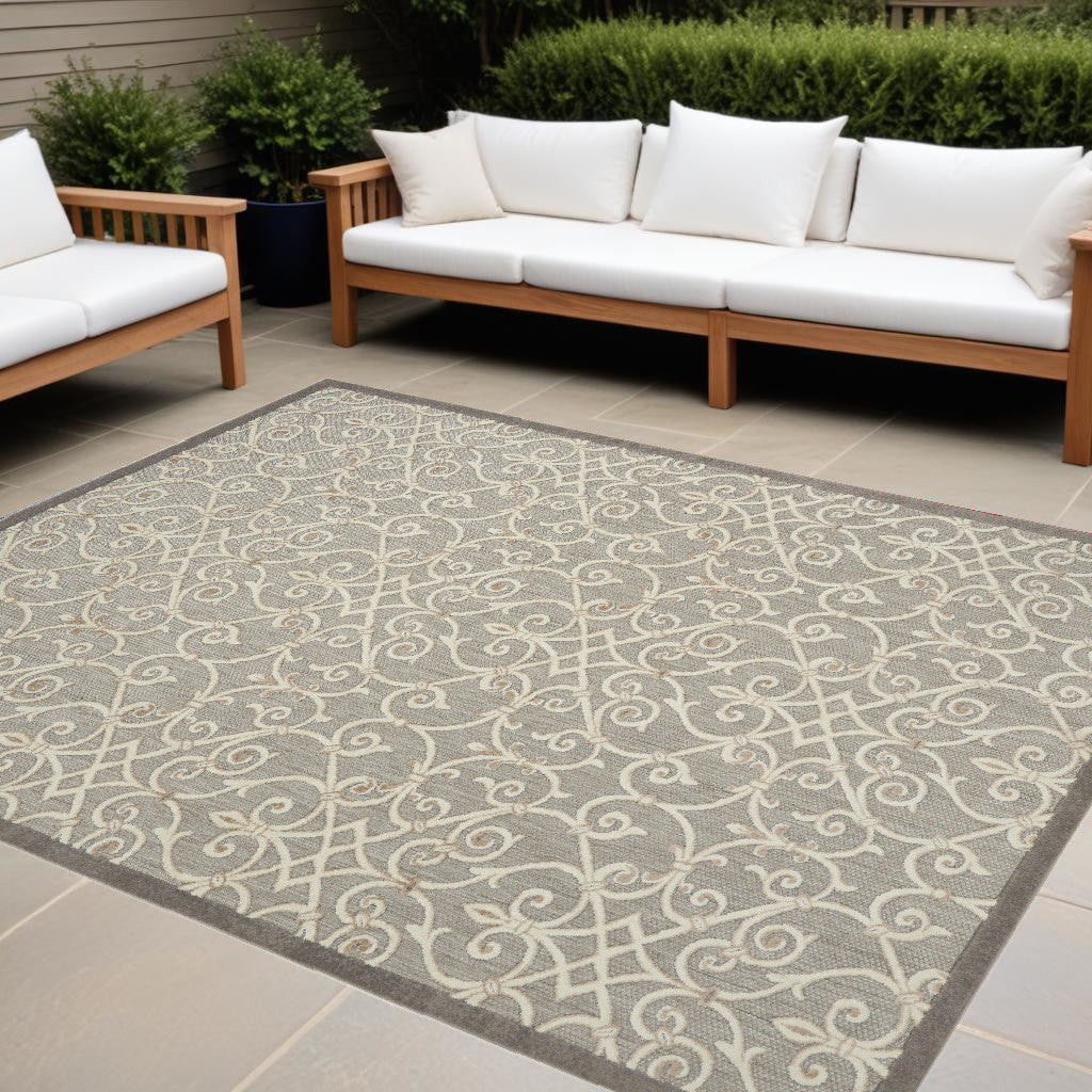 10' X 13' Natural Damask Non Skid Indoor Outdoor Area Rug