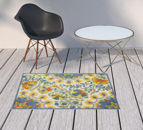 3' X 4' Yellow And Teal Toile Non Skid Indoor Outdoor Area Rug