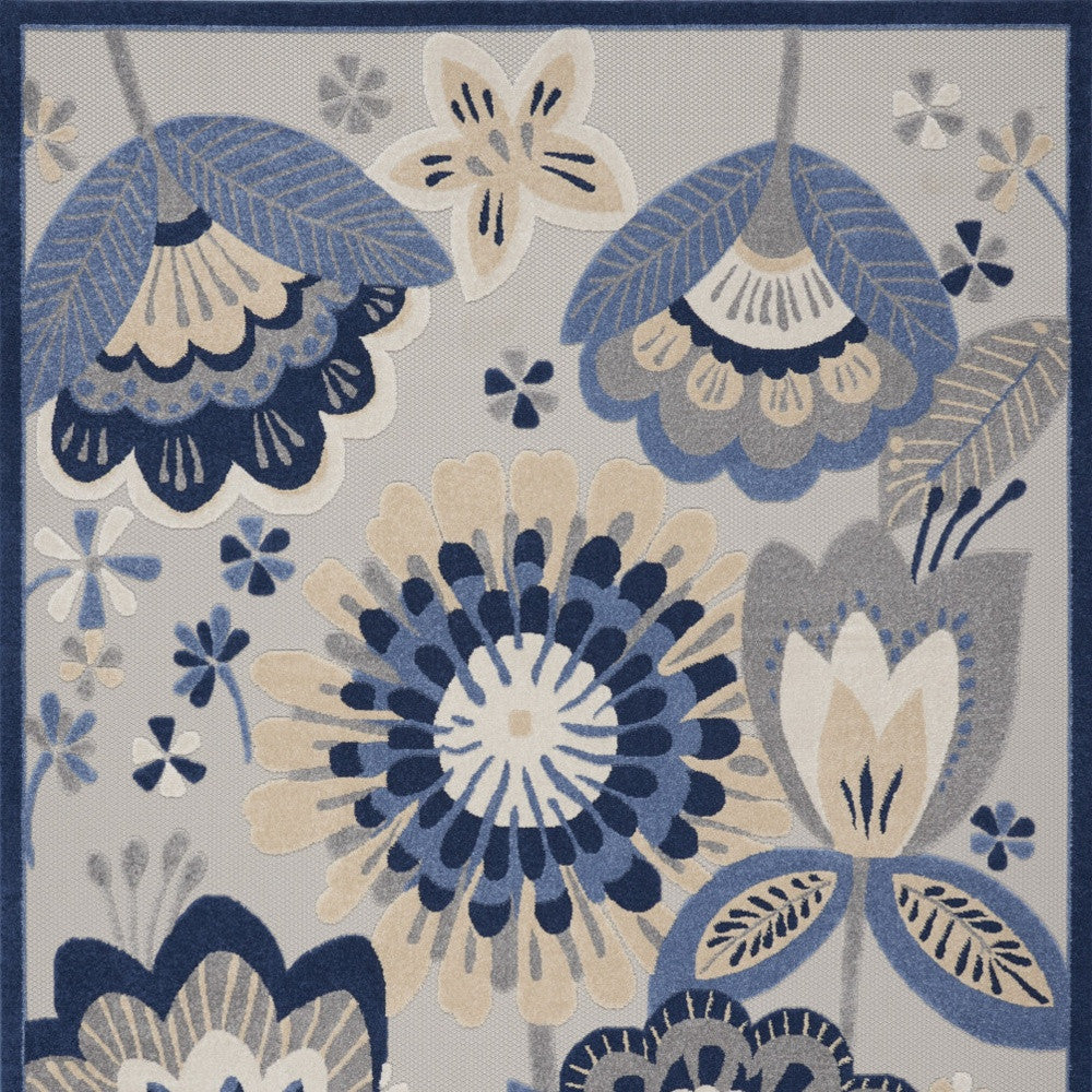 12' X 15' Blue And Grey Floral Non Skid Indoor Outdoor Area Rug