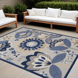 12' X 15' Blue And Grey Floral Non Skid Indoor Outdoor Area Rug