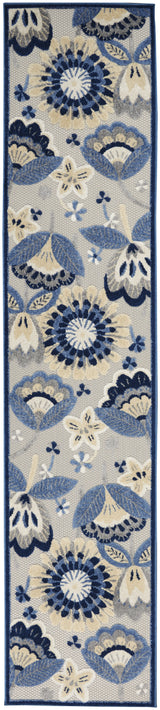 2' X 10' Blue And Grey Floral Non Skid Indoor Outdoor Runner Rug