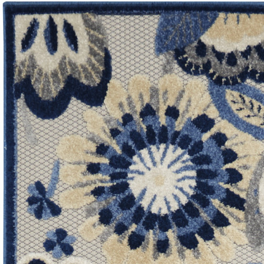2' X 12' Blue And Grey Floral Non Skid Indoor Outdoor Runner Rug