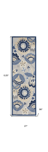 2' X 8' Blue And Grey Floral Non Skid Indoor Outdoor Runner Rug
