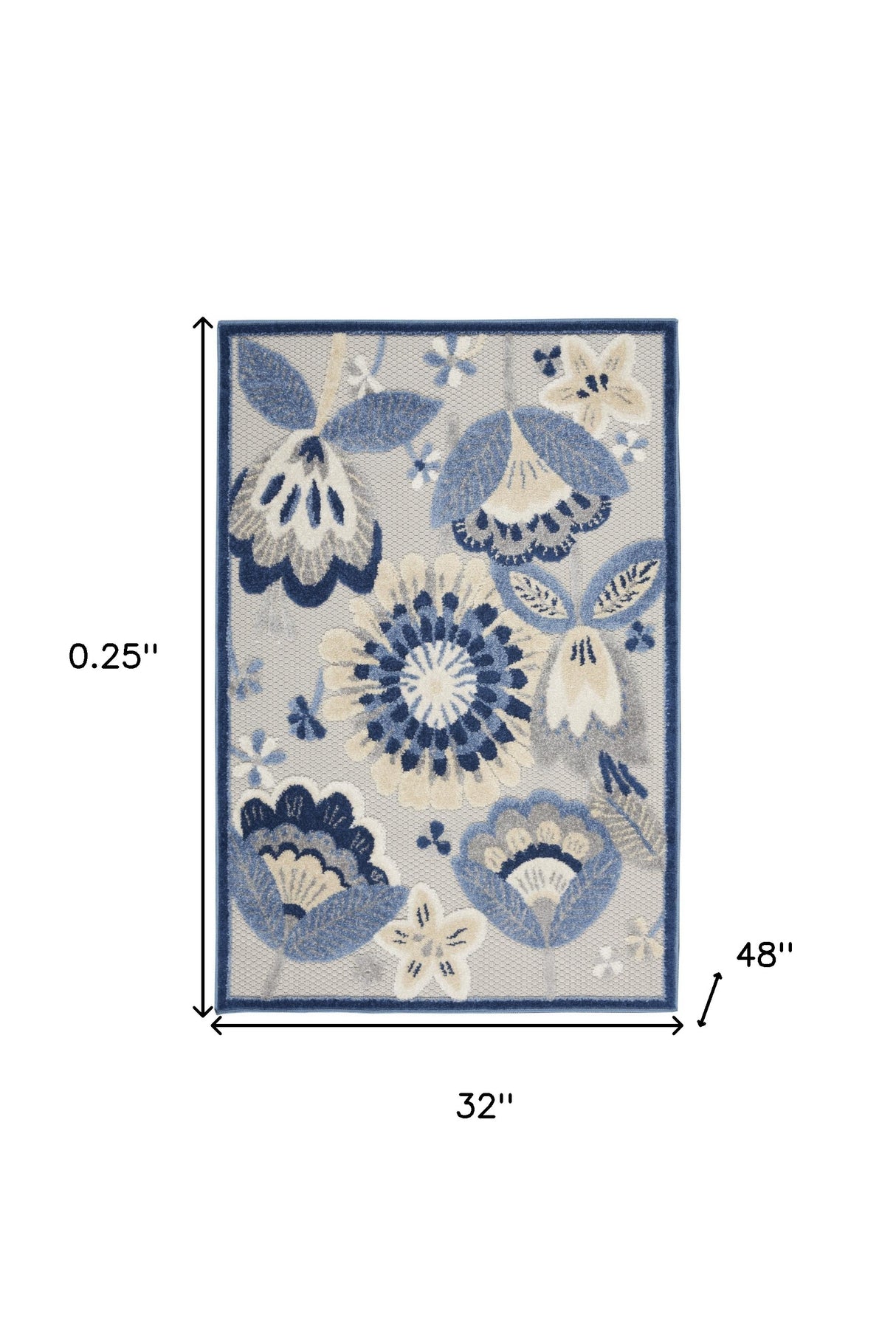 3' X 4' Blue And Grey Floral Non Skid Indoor Outdoor Area Rug