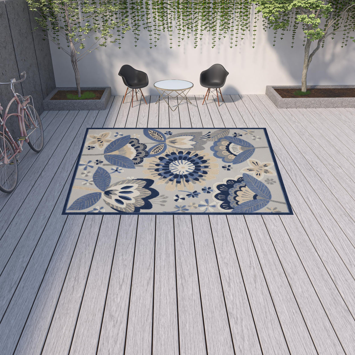 9' X 12' Blue And Grey Floral Non Skid Indoor Outdoor Area Rug