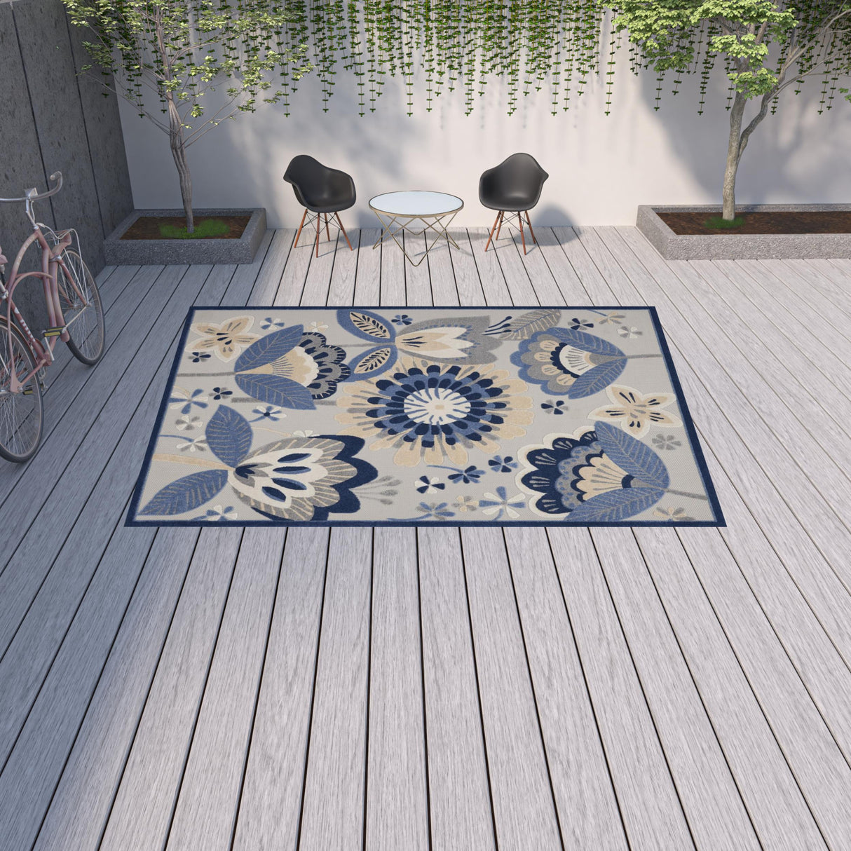 10' X 13' Blue And Grey Floral Non Skid Indoor Outdoor Area Rug