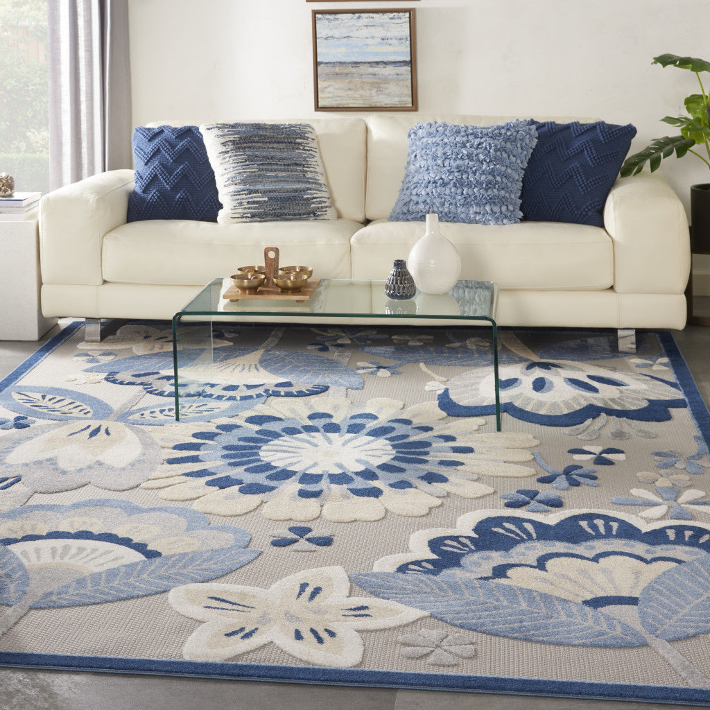 10' X 13' Blue And Grey Floral Non Skid Indoor Outdoor Area Rug