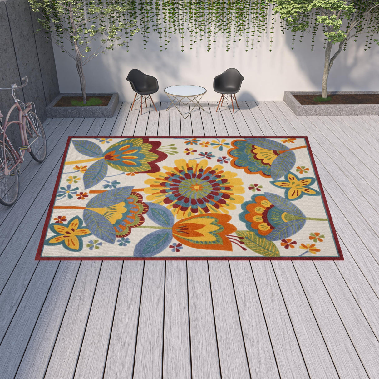 12' X 15' White Yellow And Blue Floral Non Skid Indoor Outdoor Area Rug