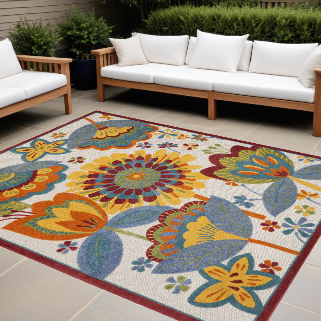 9' X 12' White Yellow And Blue Floral Non Skid Indoor Outdoor Area Rug