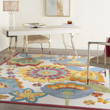 9' X 12' White Yellow And Blue Floral Non Skid Indoor Outdoor Area Rug