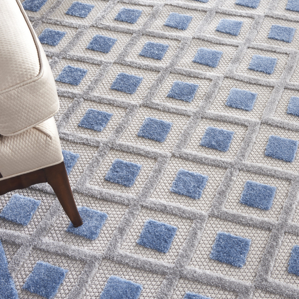 9' X 12' Blue And Grey Gingham Non Skid Indoor Outdoor Area Rug