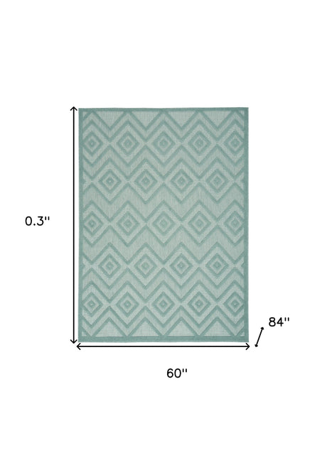 5' X 7' Aqua And Teal Argyle Indoor Outdoor Area Rug