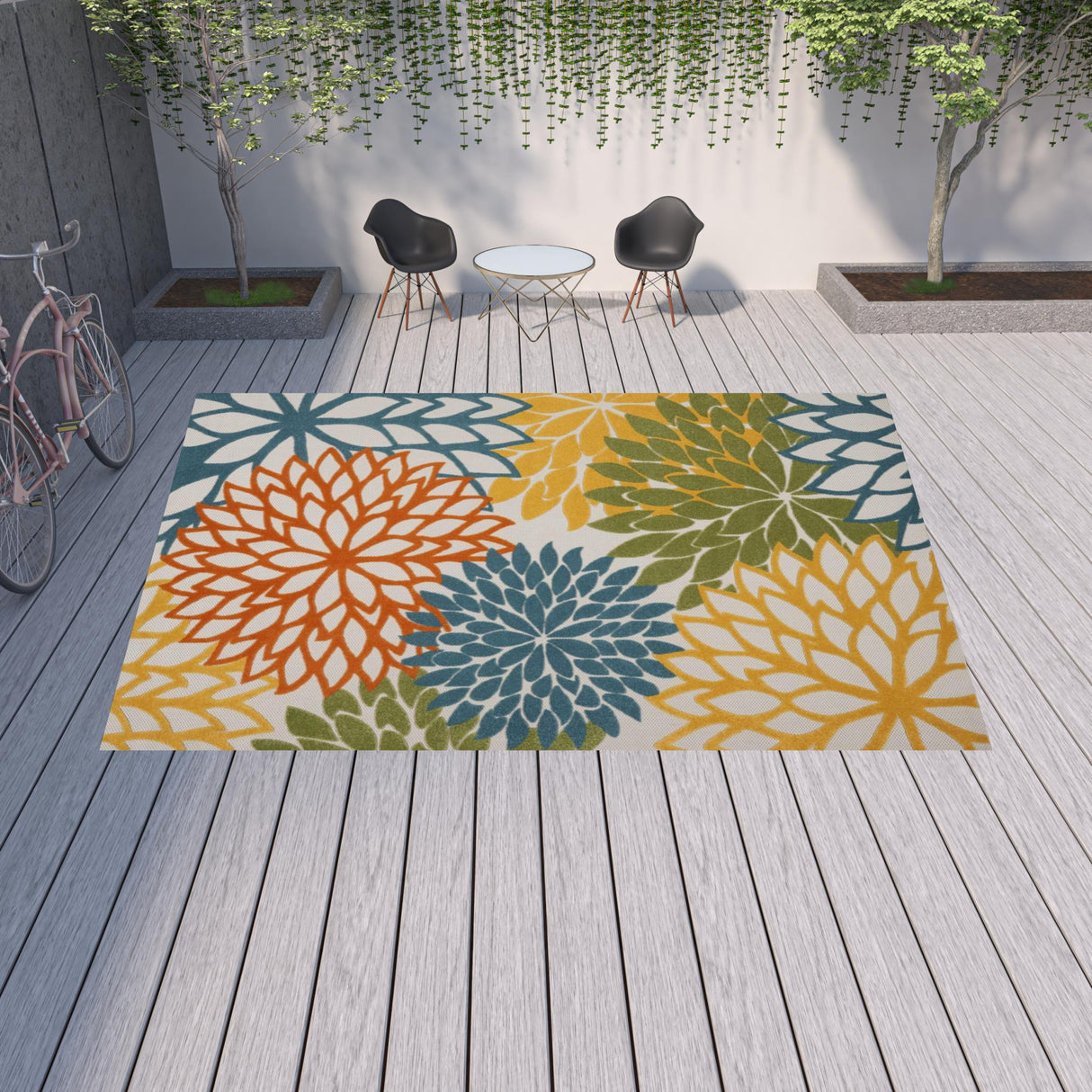 12' X 15' Turquoise Floral Non Skid Indoor Outdoor Area Rug