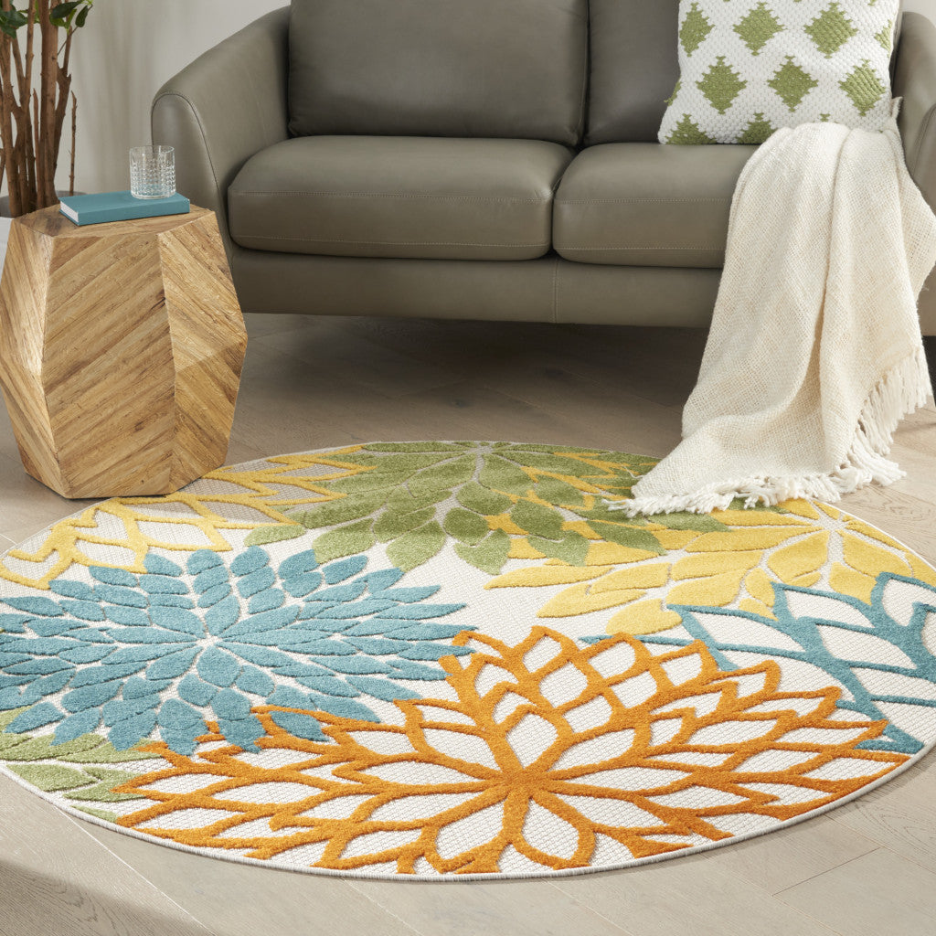 4' X 4' Turquoise Round Floral Non Skid Indoor Outdoor Area Rug