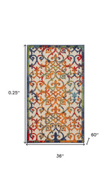 3' X 5' Orange Blue And Green Damask Non Skid Indoor Outdoor Area Rug