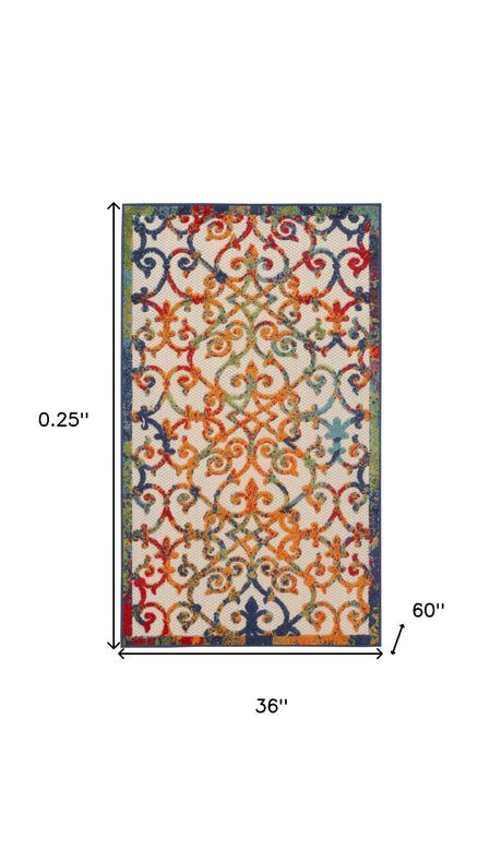 3' X 5' Orange Blue And Green Damask Non Skid Indoor Outdoor Area Rug