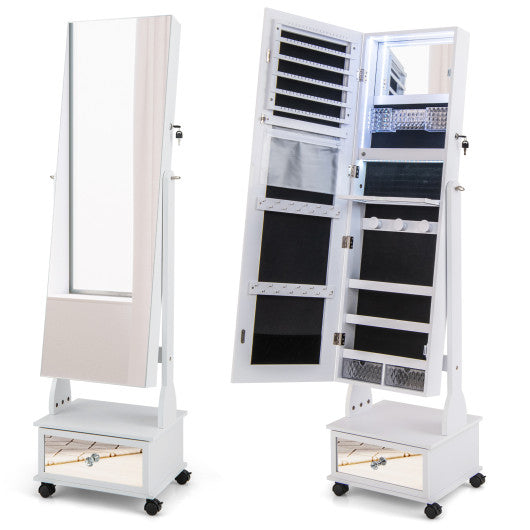 47 Inch Lockable Jewelry Cabinet Armoire with 3-Color LED Lights-White