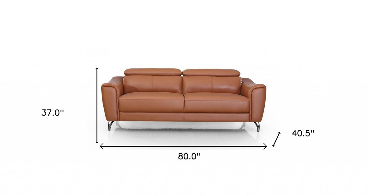 80" Brown Genuine Leather Sofa With Silver Legs