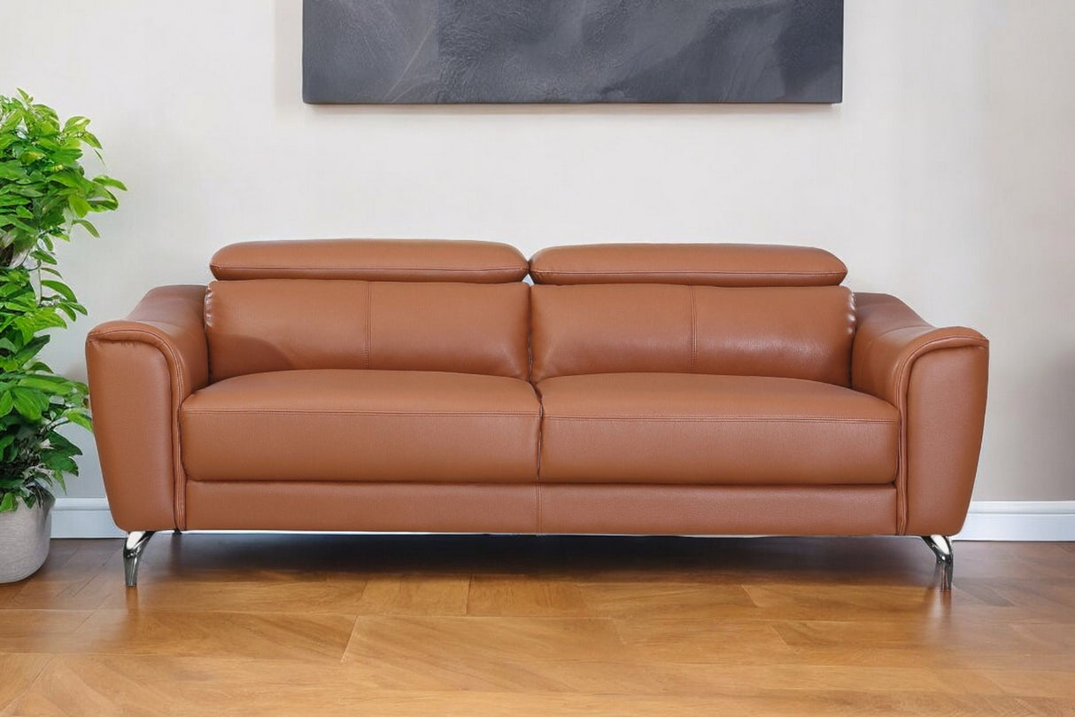 80" Brown Genuine Leather Sofa With Silver Legs