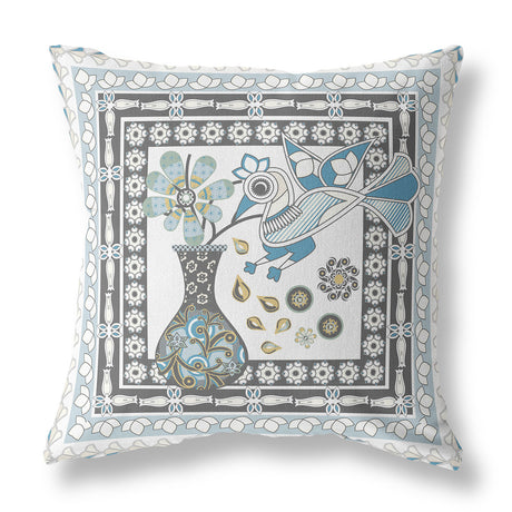 20" x 20" Blue and White Bird Blown Seam Floral Indoor Outdoor Throw Pillow
