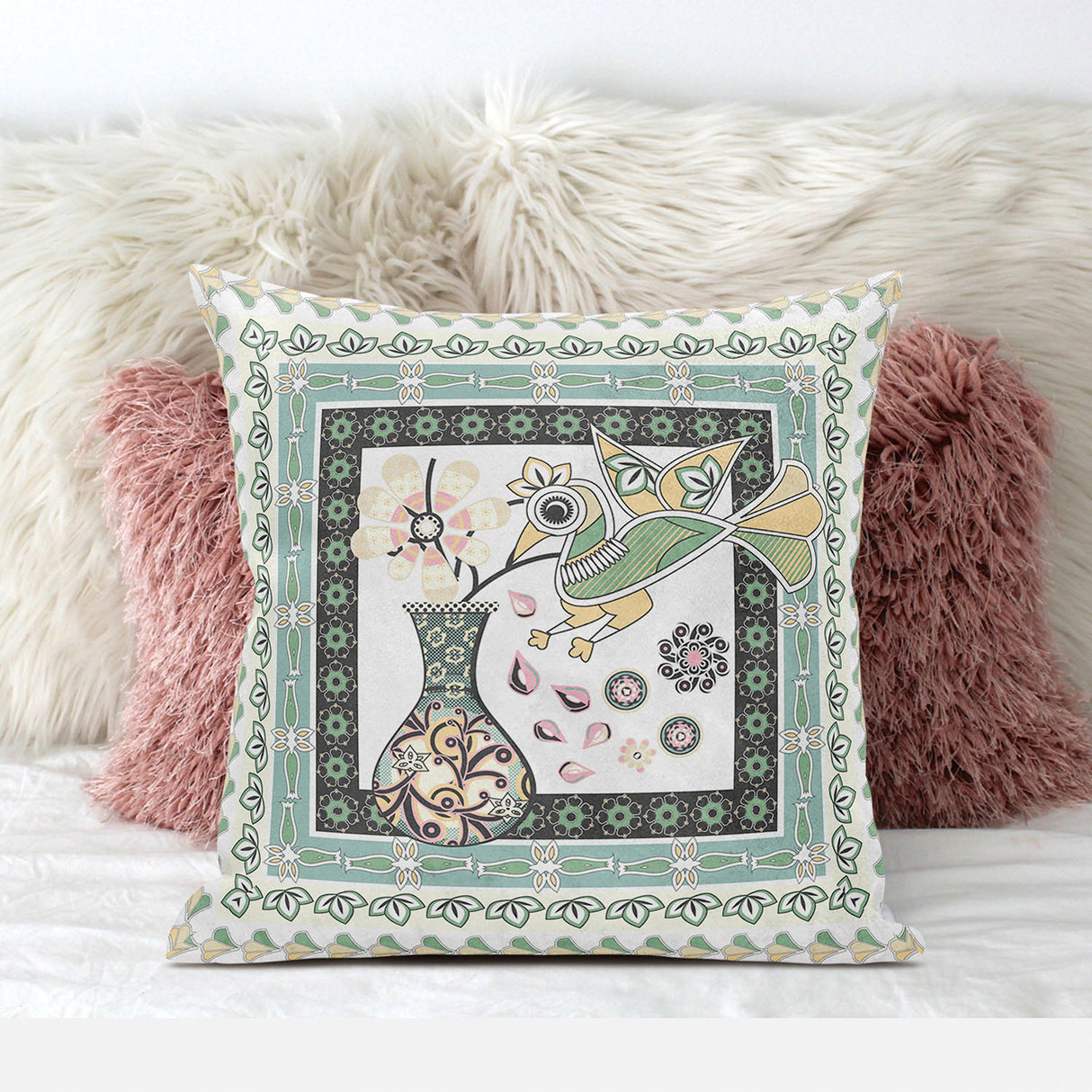 16" x 16" Green and White Bird Blown Seam Abstract Indoor Outdoor Throw Pillow