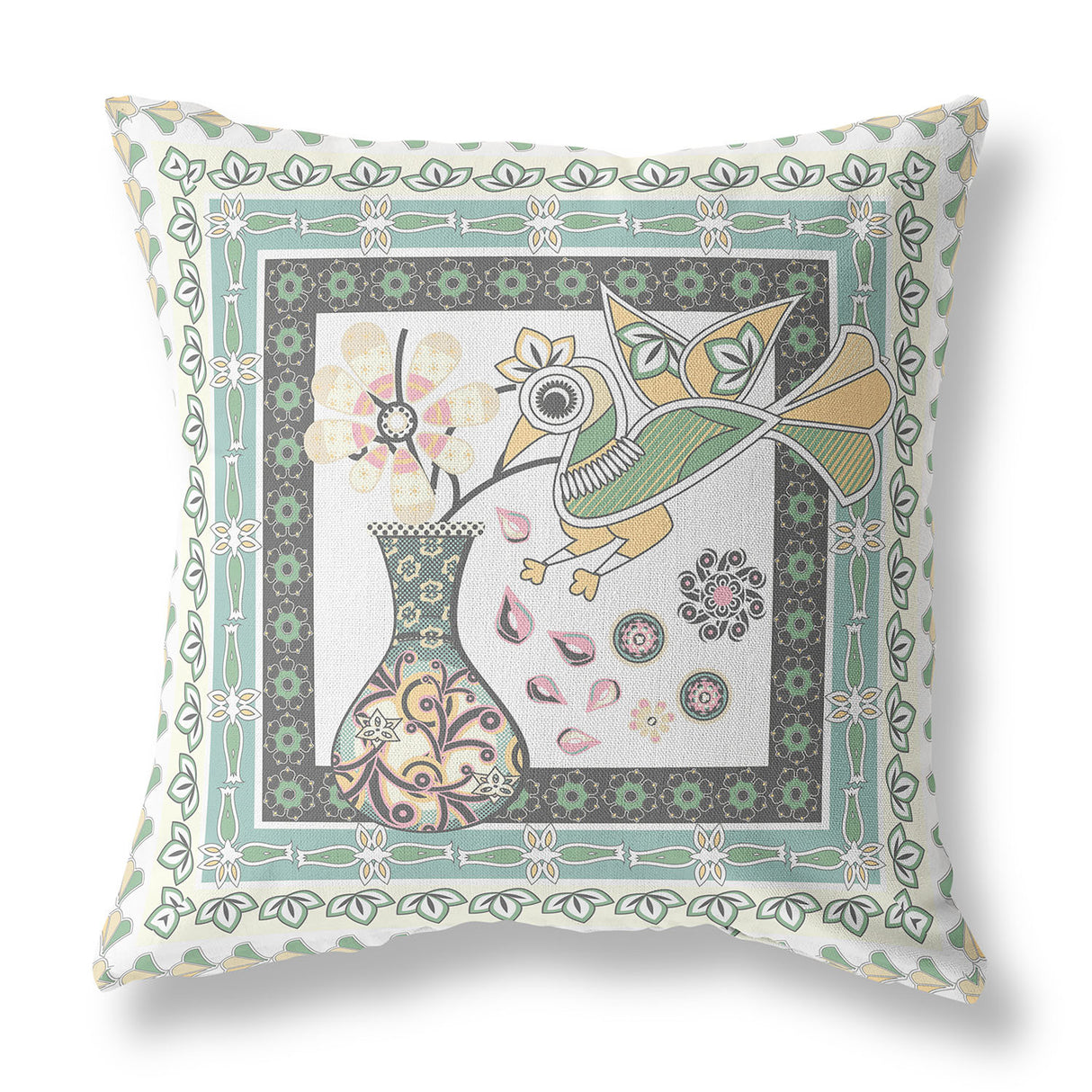 16" x 16" Green and White Bird Blown Seam Abstract Indoor Outdoor Throw Pillow