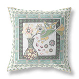 18" x 18" Green and White Bird Blown Seam Floral Indoor Outdoor Throw Pillow
