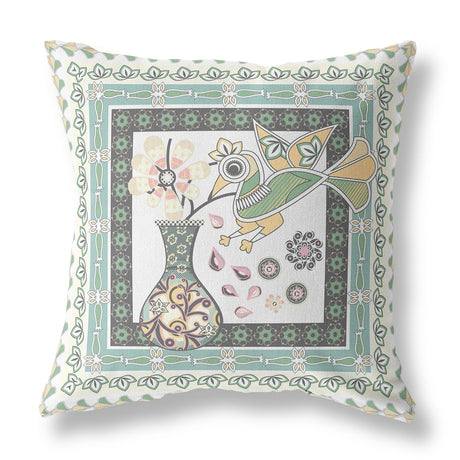 26" x 26" Green and White Bird Blown Seam Floral Indoor Outdoor Throw Pillow
