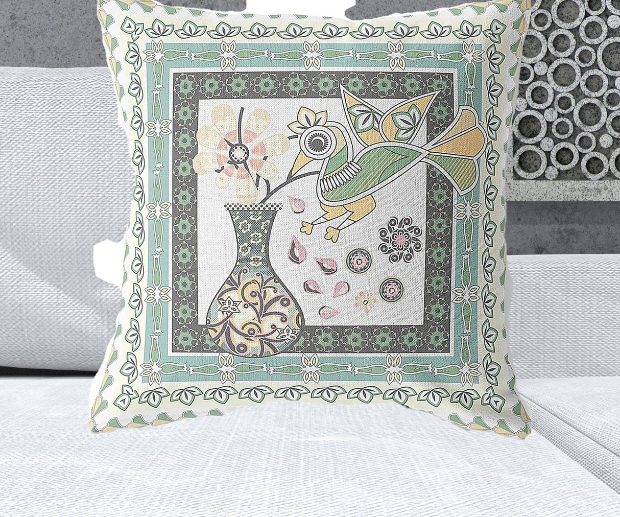 26" x 26" Green and White Bird Blown Seam Floral Indoor Outdoor Throw Pillow