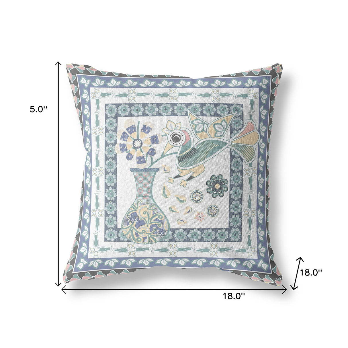18" x 18" Blue and White Bird Blown Seam Floral Indoor Outdoor Throw Pillow