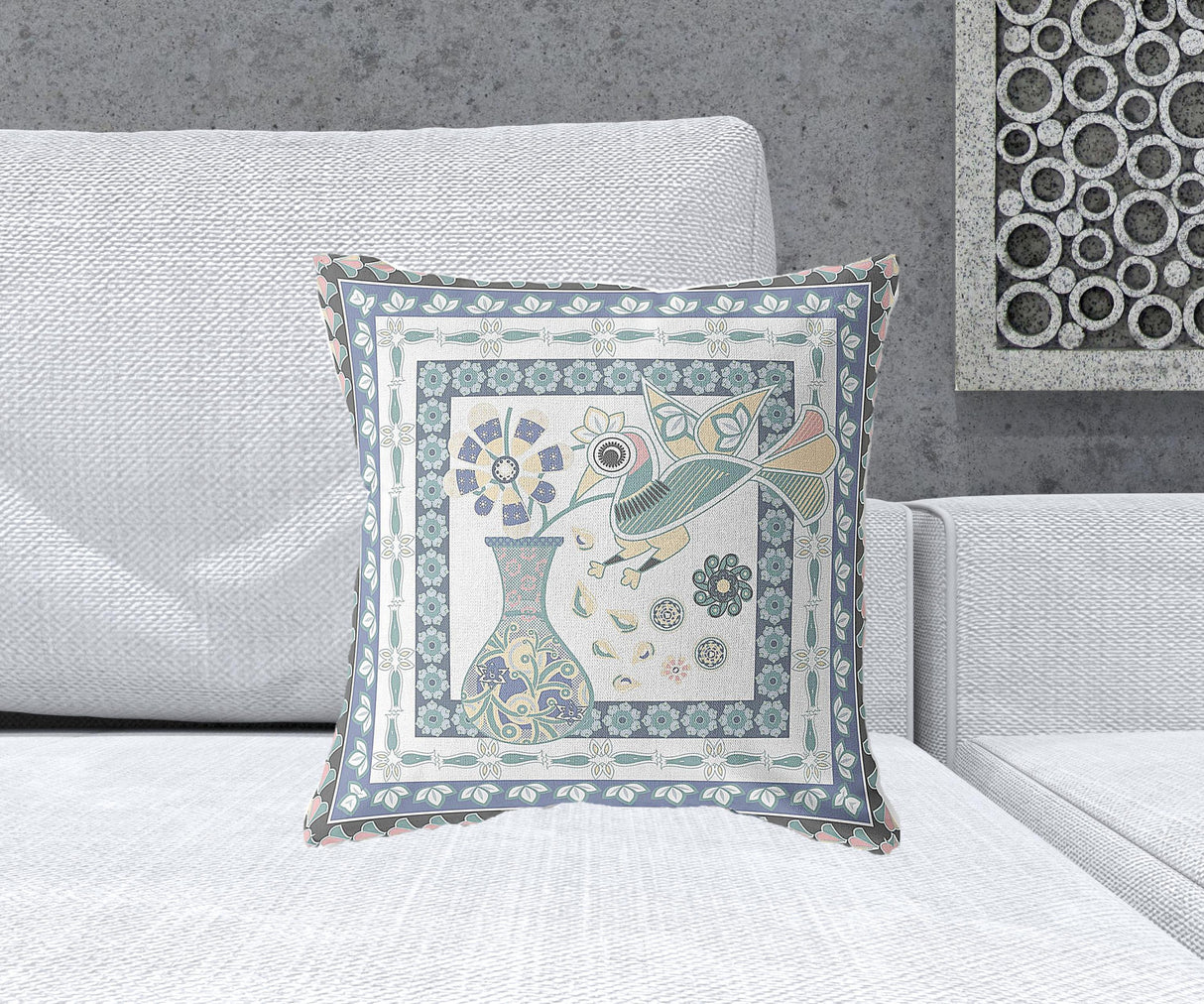 18" x 18" Blue and White Bird Blown Seam Floral Indoor Outdoor Throw Pillow