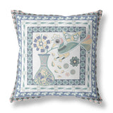 26" x 26" Blue and White Bird Blown Seam Floral Indoor Outdoor Throw Pillow