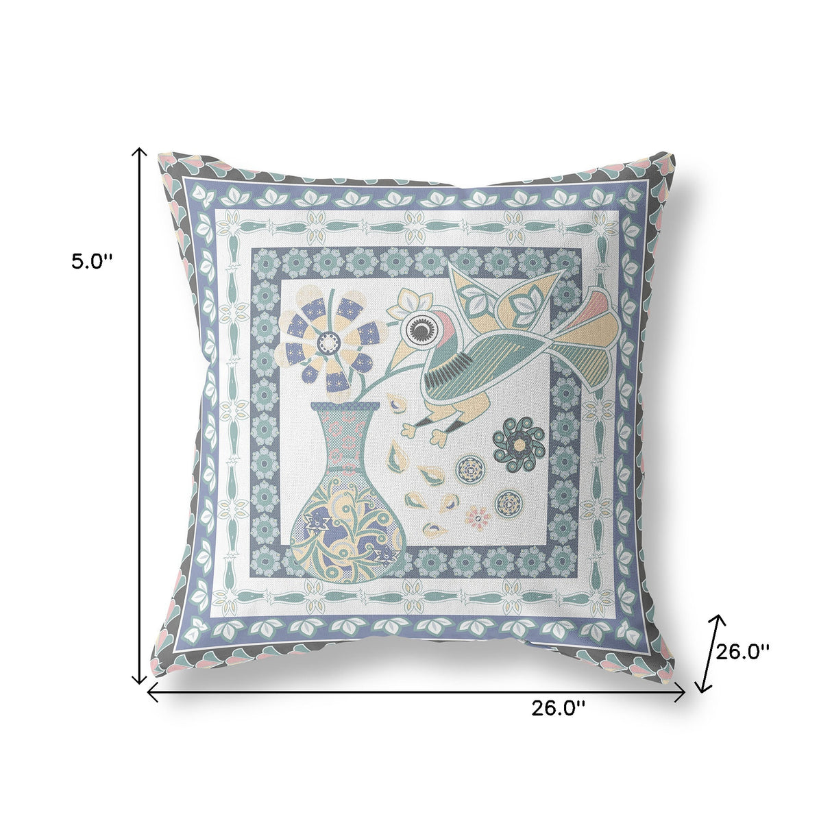 26" x 26" Blue and White Bird Blown Seam Floral Indoor Outdoor Throw Pillow