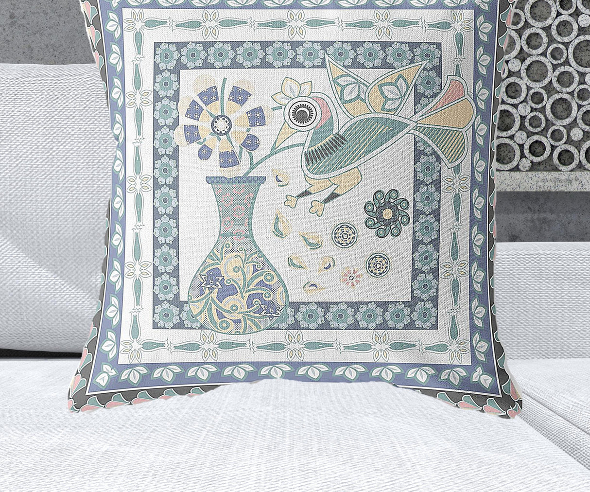 28" x 28" Blue and White Bird Blown Seam Floral Indoor Outdoor Throw Pillow