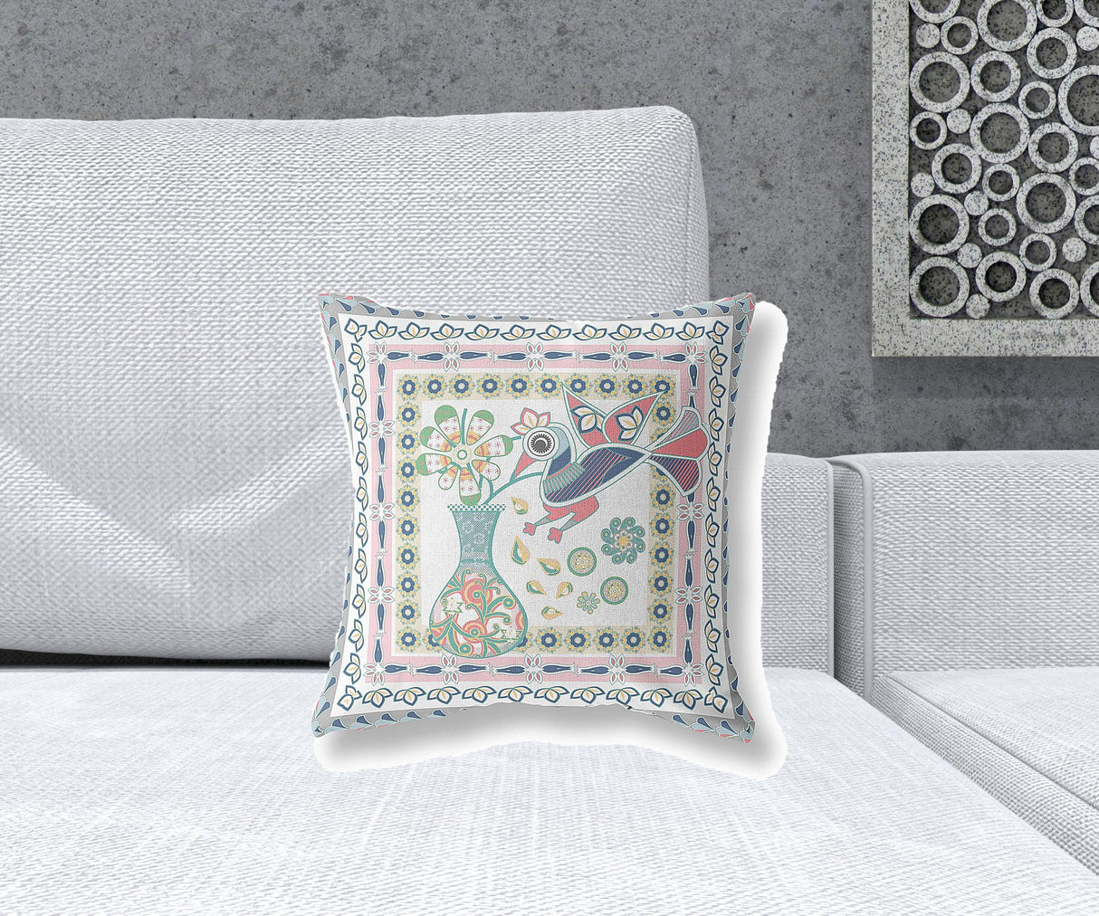 16" X 16" White And Grey Bird Blown Seam Abstract Indoor Outdoor Throw Pillow