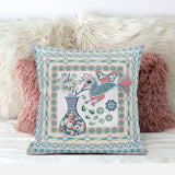 26" X 26" White And Blue Bird Blown Seam Floral Indoor Outdoor Throw Pillow