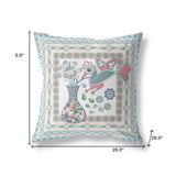 26" X 26" White And Blue Bird Blown Seam Floral Indoor Outdoor Throw Pillow
