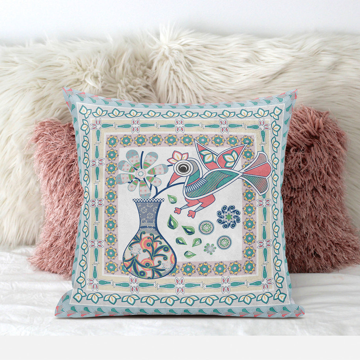 28" X 28" White And Blue Bird Blown Seam Floral Indoor Outdoor Throw Pillow