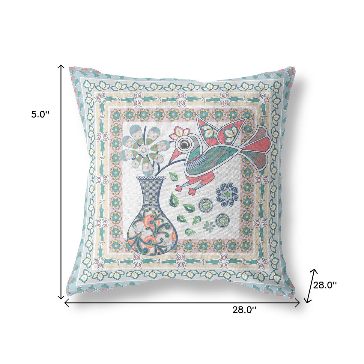 28" X 28" White And Blue Bird Blown Seam Floral Indoor Outdoor Throw Pillow