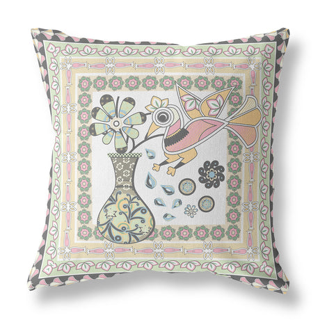 18" X 18" White And Green Bird Blown Seam Floral Indoor Outdoor Throw Pillow