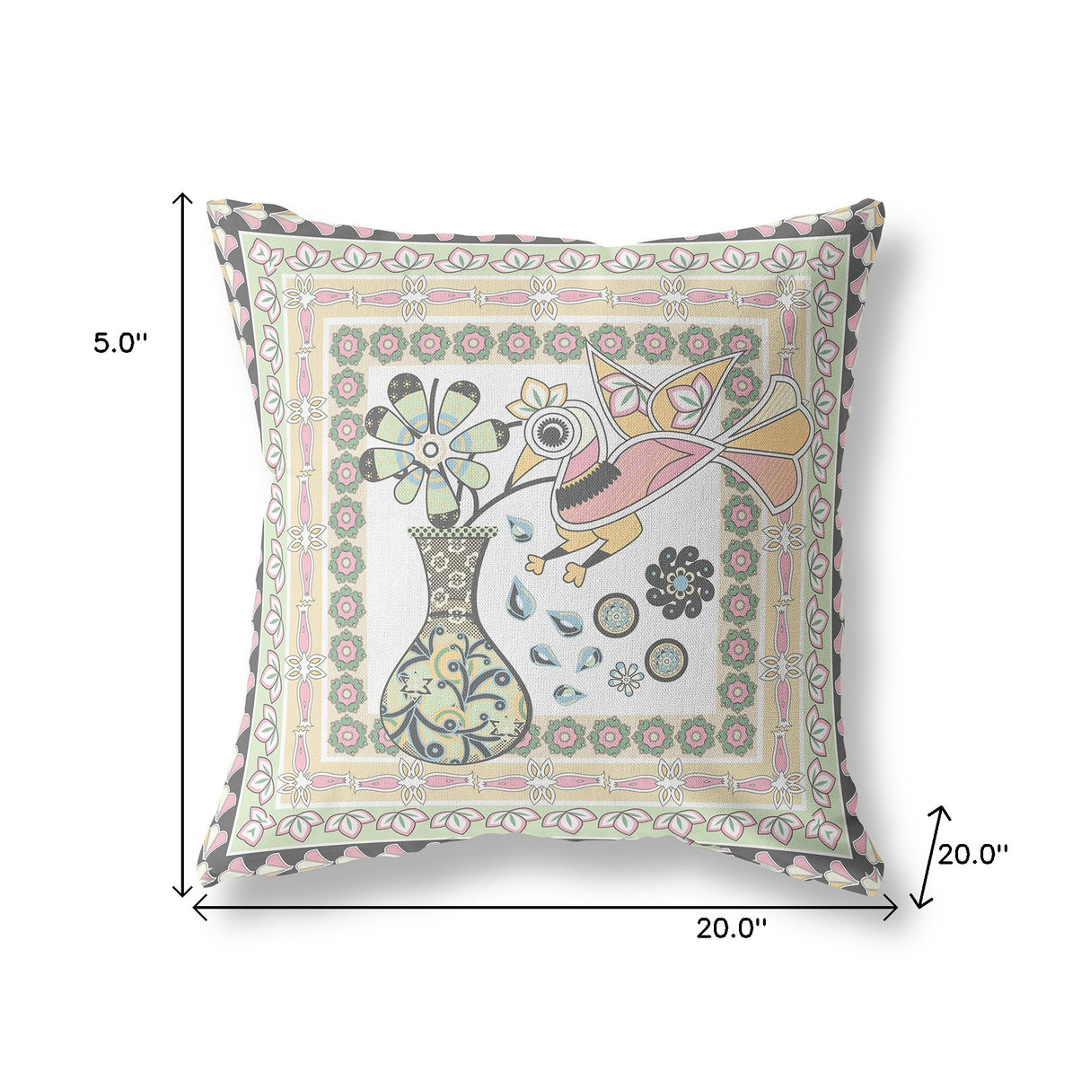 20" X 20" White And Green Bird Blown Seam Floral Indoor Outdoor Throw Pillow
