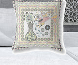 26" X 26" White And Green Bird Blown Seam Floral Indoor Outdoor Throw Pillow