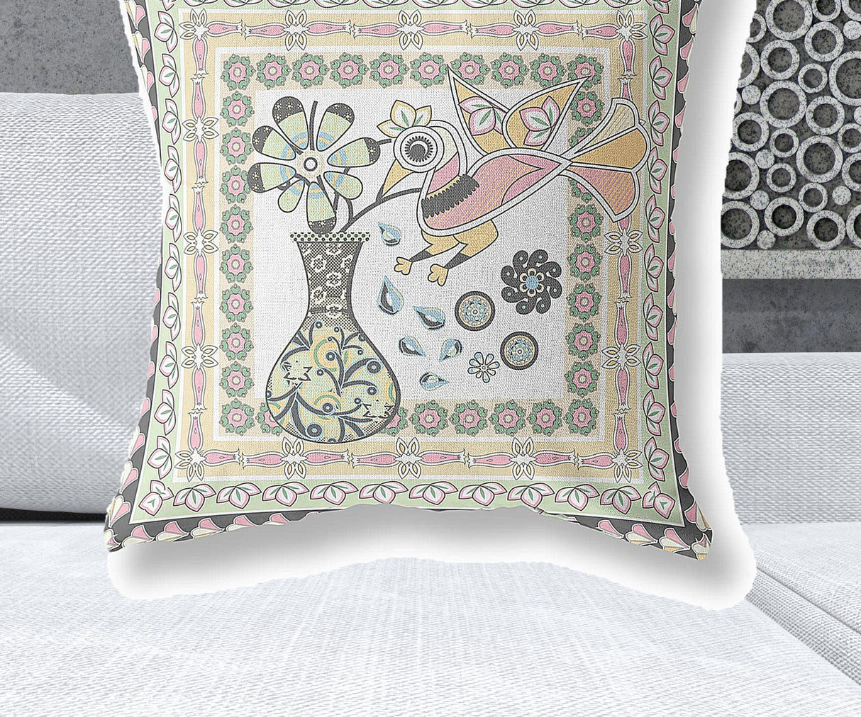 28" X 28" White And Green Bird Blown Seam Floral Indoor Outdoor Throw Pillow
