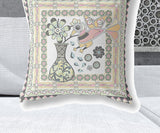 28" X 28" White And Green Bird Blown Seam Floral Indoor Outdoor Throw Pillow