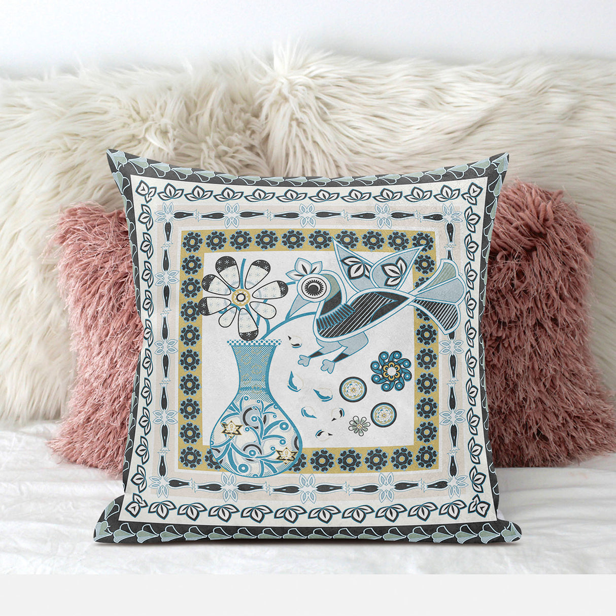 16" X 16" White And Blue Bird Blown Seam Abstract Indoor Outdoor Throw Pillow