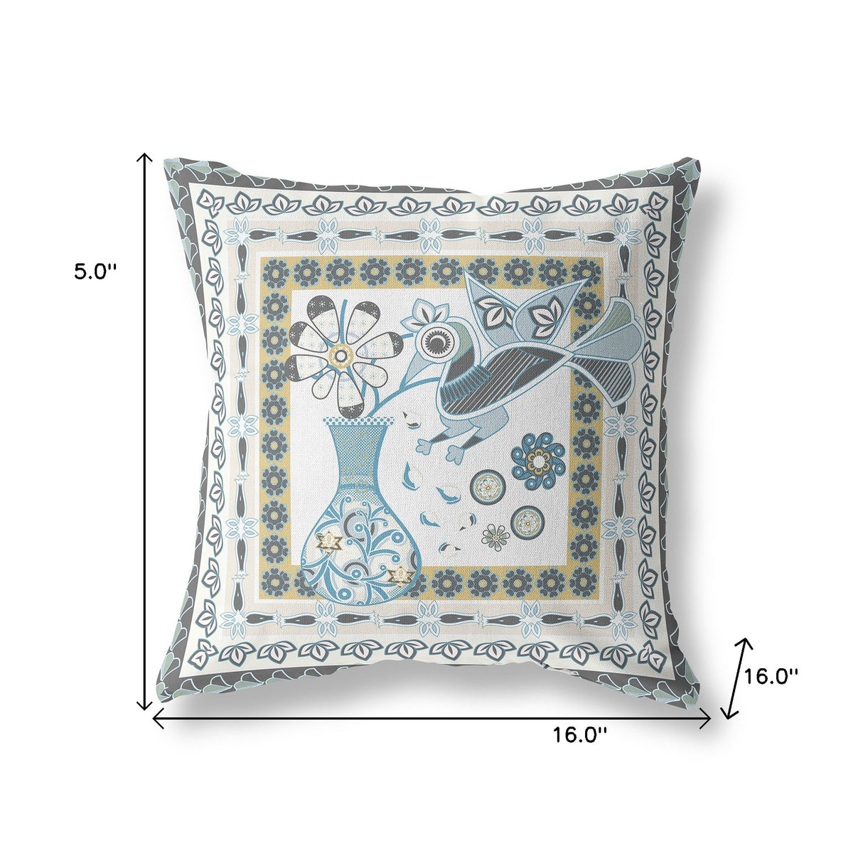 16" X 16" White And Blue Bird Blown Seam Abstract Indoor Outdoor Throw Pillow