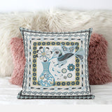 18" X 18" Blue and White Peacock Blown Seam Floral Indoor Outdoor Throw Pillow