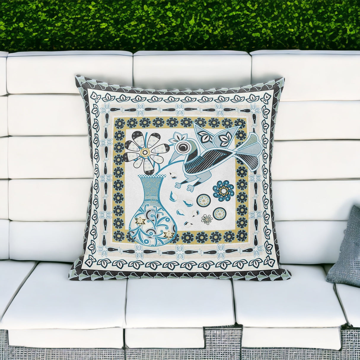 18" X 18" Blue and White Peacock Blown Seam Floral Indoor Outdoor Throw Pillow