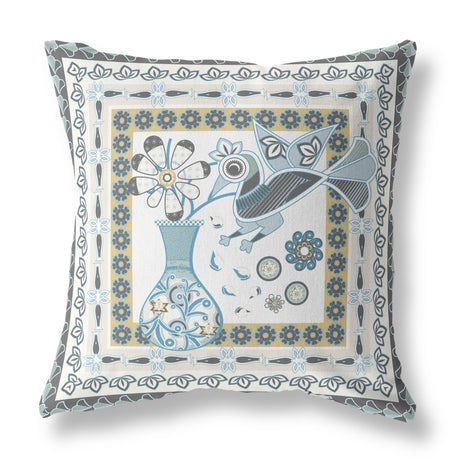 20" X 20" Blue and White Peacock Blown Seam Floral Indoor Outdoor Throw Pillow