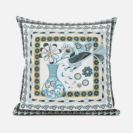 26" X 26" Blue and White Peacock Blown Seam Floral Indoor Outdoor Throw Pillow